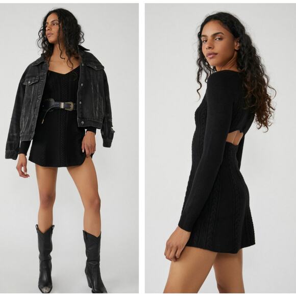 FREE PEOPLE Small World Cable Knit Sweater Dress Black Sz L {SS3} - Picture 2 of 6